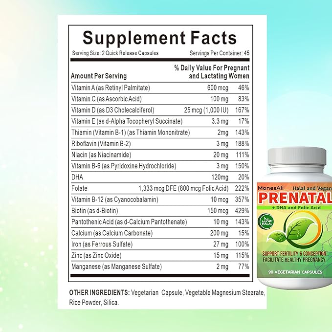 Prenatal Vitamins for Women | Postnatal | Vegan, Halal Gelatin Free | with Folate, Iron & Biotin | Supports Pregnancy, Postpartum Energy & Hair Health, 90 Capsules