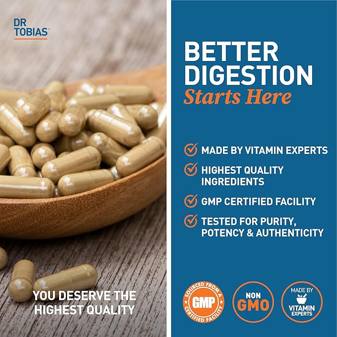 Dr. Tobias Digestive Enzymes with Probiotics, Prebiotics and Postbiotics Bromelain, Amylase, Lipase, for Better Digestion & Immune Function, 60 Capsules, 30 Servings (2 Daily)