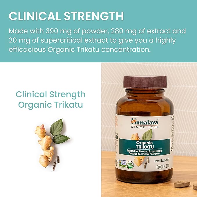 Himalaya Organic Trikatu, 60 Day Supply - Digestive Health Supplement for Occasional Bloating, Heartburn, and Indigestion Relief - USDA Organic, Vegan, Non-GMO, Gluten Free, 60 Caplets