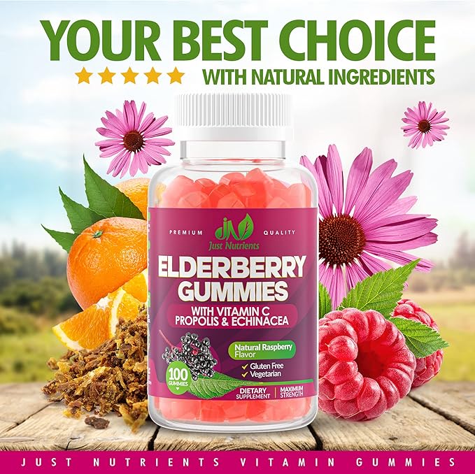 Elderberry 200mg Gummies with Vitamin C, Echinacea, Propolis (100 count) - Immune Support for Adults & Kids - Maximum Strength, Great Tasting Raspberry Flavor - Gluten-Free, Vegan - 100 Gummies