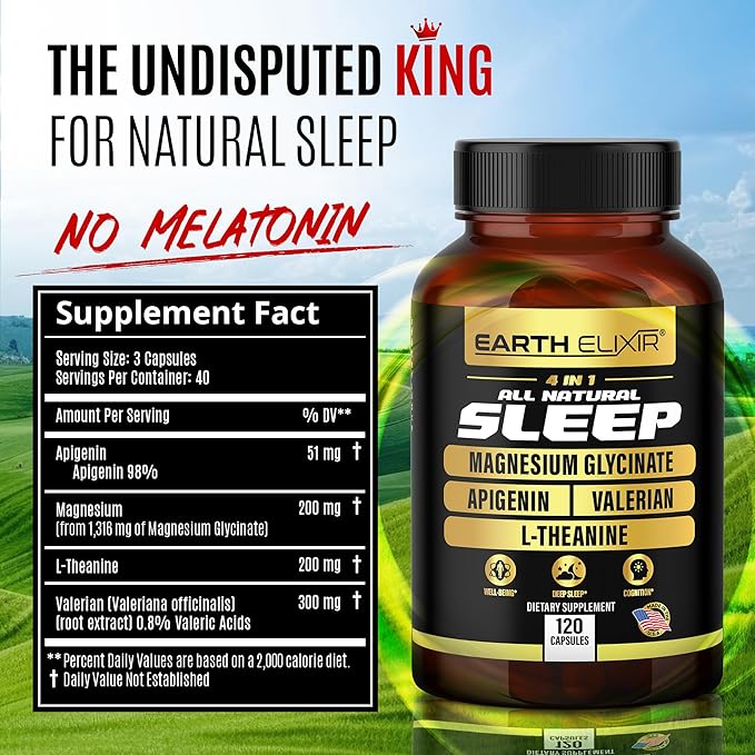 Earth Elixir 4-in-1 Sleep Aid (120 Caps) w/Apigenin 50mg, Magnesium Glycinate 200mg, L Theanine 200mg & Valerian Root for Sleep Aid 300mg | Apigenin Supplement for Sleep | Sleeping Pills