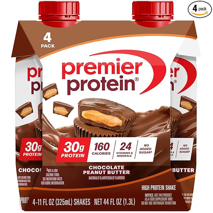 Premier Protein Shake, Chocolate Peanut Butter, 30g Protein, No Added Sugar, 24 Vitamins & Minerals to Support Immune Health, 11 fl oz, 4 Pack
