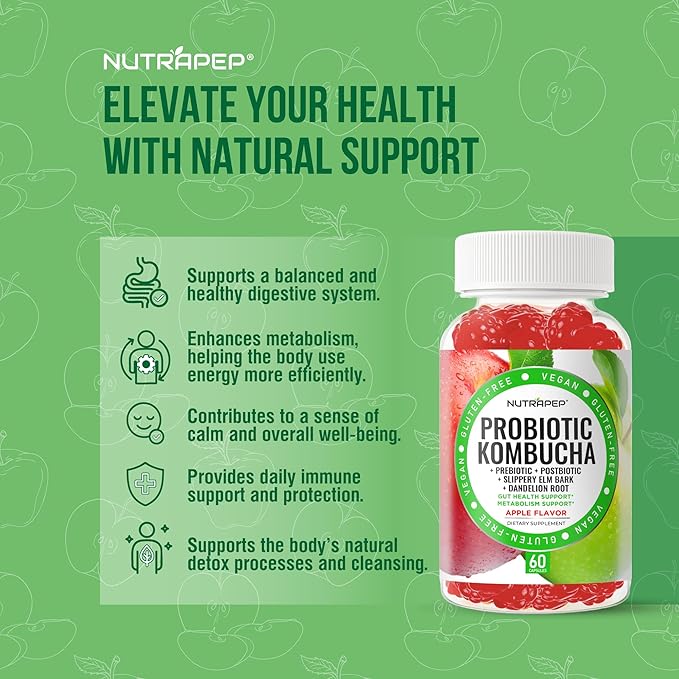 NutraPep Probiotic Kombucha Gummies - Women Men Probiotic Prebiotic Probiotic Blend for Gut Health Bloating Metabolism Support with Slippery Elm Bark Dandelion Root - Vegan Gluten Free Apple Flavor