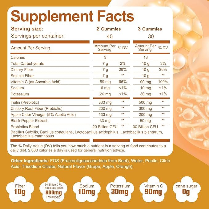 Migcopat 10G Fiber Gummies with Probiotics, Fiber Supplement with 30 Billion CFU Probiotics Blend, ACV, Vitamin C, Inulin - Support Digestive Health - No Sugar Added - Fruit Flavored - 90 Count