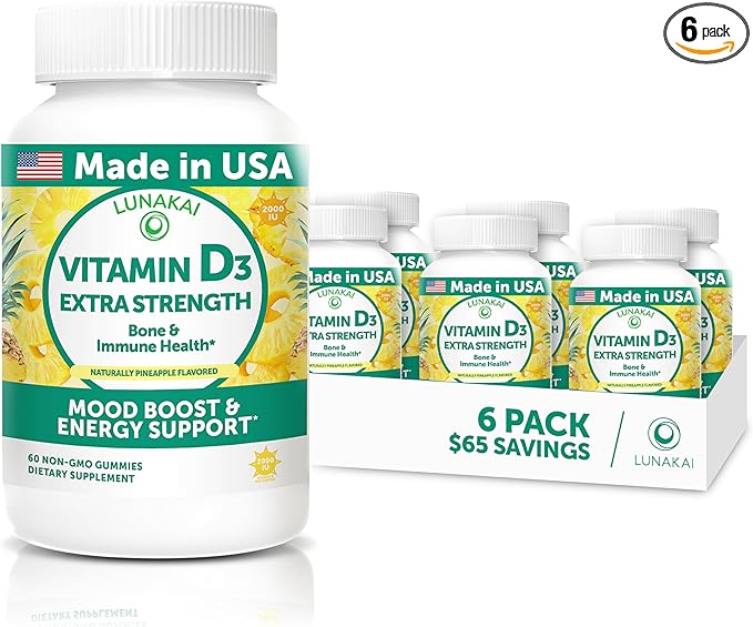 Lunakai USA Made Vitamin D3 Gummies 2000 IU - Non-GMO, Gluten-Free Vitamin D Gummies for Women & Men - Bone, Immune & Energy Support, 60ct, 6 Pack