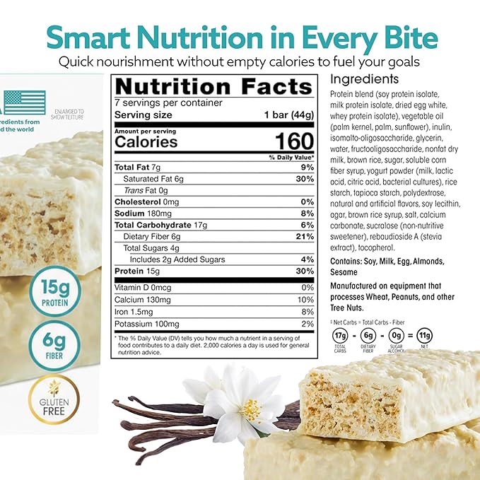 Wonderslim High Fiber Protein Bars, Fluffy Vanilla Crisp | 15g Protein, 6g Fiber | Low Sugar, Low Carb | Healthy Indulgence | Satisfying, Supports Energy & On-the-Go Convenience, 7 Pack