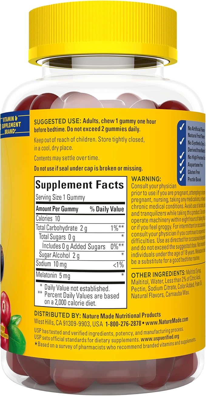 Nature Made Zero Sugar Melatonin 5mg Sleeping Gummies for Adults Extra Strength, 100% Drug Free Sleep Aid, Aspartame Free, 70 Sugar Free Melatonin Gummies, 70 Day Supply