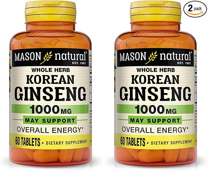 MASON NATURAL Korean Ginseng 1,000 mg, Supports Energy, Endurance & Vitality, 60 Tablets (Pack of 2)