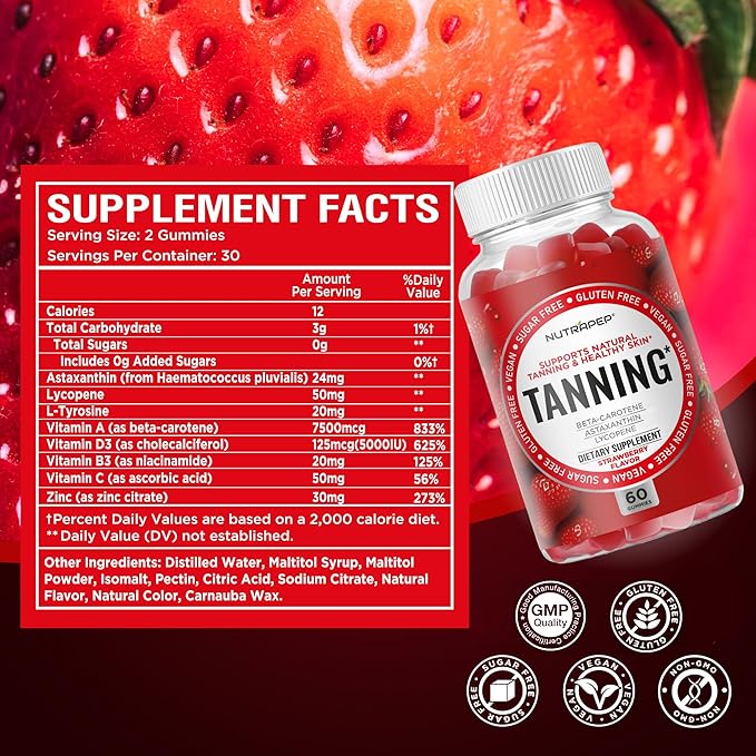 NutraPep Tanning Gummies for Women - Self Tan Bronzing Supplement that Work Without Sun - No Sugar Vegan with Astaxanthin Lycopene Beta Carotene Vitamins - Glow Up Skin Health Daily Oral Tanning Chews