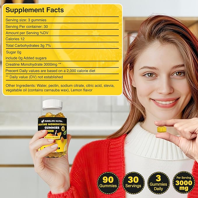 Creatine Monohydrate Gummies - 3g serving, Sugar free, 90 Count, Electric Lemonade flavored Creatine Gummies for Men & Women, Gluten Free, Non Bloating - Vegan, Halal, Kosher. (90 Units, Lemonade)