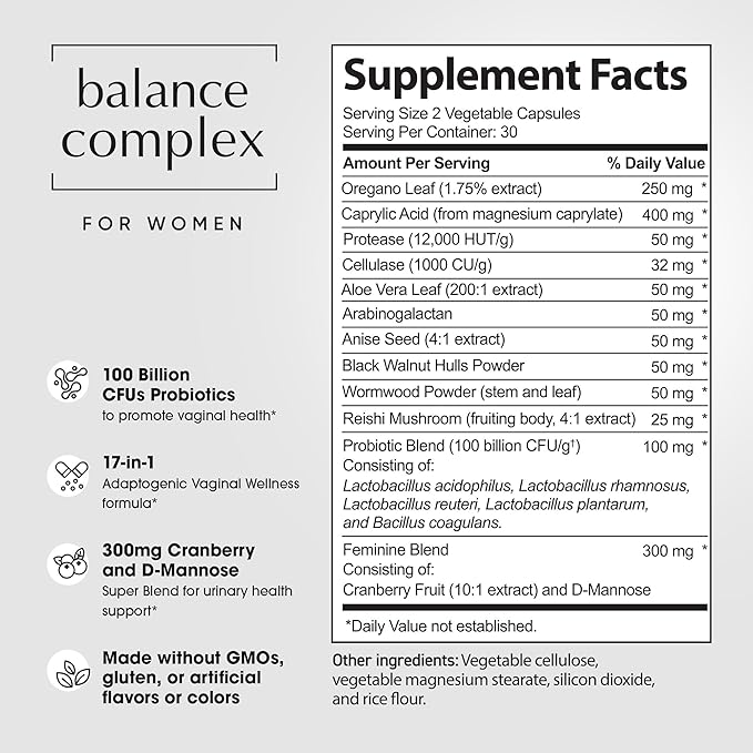Balance Complex 17-in-1 Vaginal Health 100 Billion Probiotics for Women pH Balance with Cranberry & D-Mannose | Promote Urinary Tract Health for Vaginal Odor & Vaginal Flora, 60 Capsules (Pack of 2)