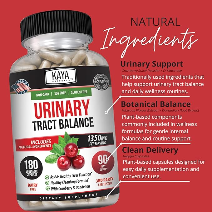Kaya Naturals - D-Mannose - Urinary Tract UT Cleanse & Bladder Health - Made with Cranberry, Hibiscus & Dandelion Root - D Mannose Capsules Cranberry Supplement - 180 Veggie Capsules
