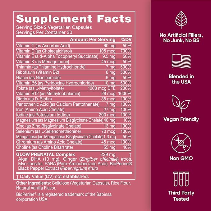 Eu Natural Glow Prenatal Vitamins for Women - 20-in-1 Prenatal Multivitamin with Folate & Vegan DHA - Supports Healthy Pregnancy, Fetal Development & Mom’s Comfort - 120 Vegetarian Capsules