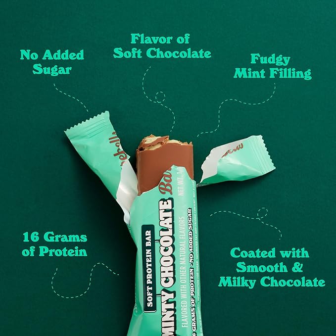 Barebells Soft Protein Bars, Minty Chocolate - 12 Count, Pack of 1, 16g High Protein Treats - Chocolate Nutrition Bar with 1g Total Sugars - On The Go Breakfast or Post-Workout Snack