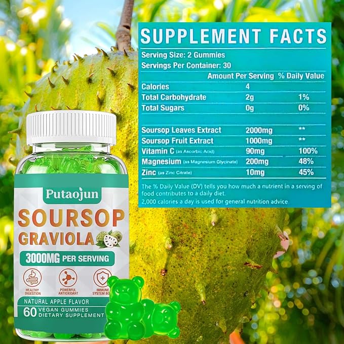 Soursop Graviola Gummies | 2000mg Soursop Leaves Extract for Digestive, Cell Support, Immune Support and Antioxidant | High-Absorption | Soursop Fruit for Adults | Non-GMO, Vegan, 120 Gummies