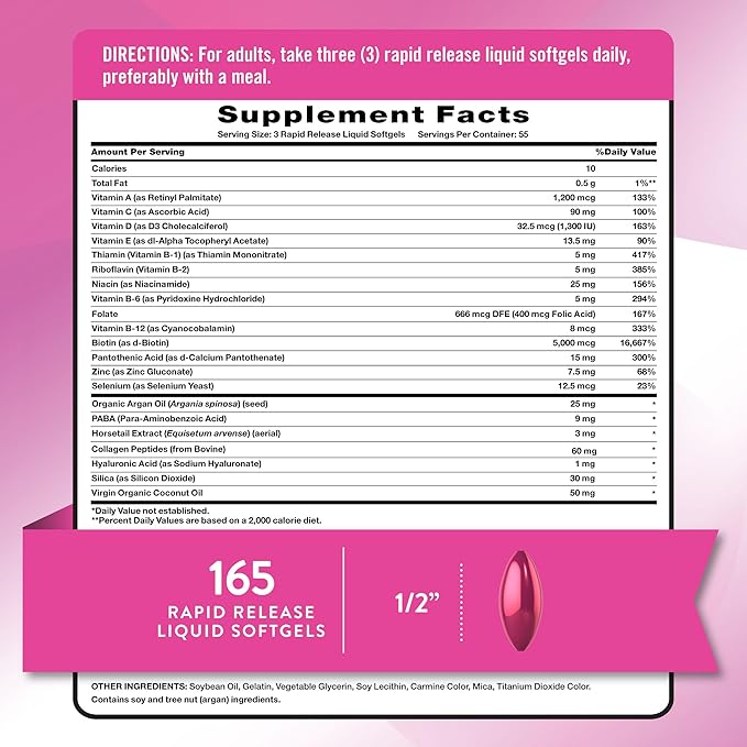 Nature's Truth Hair, Skin & Nails Vitamin | 5000 mcg Biotin | 165 Softgels | with Collagen | Non-GMO & Gluten Free Supplement