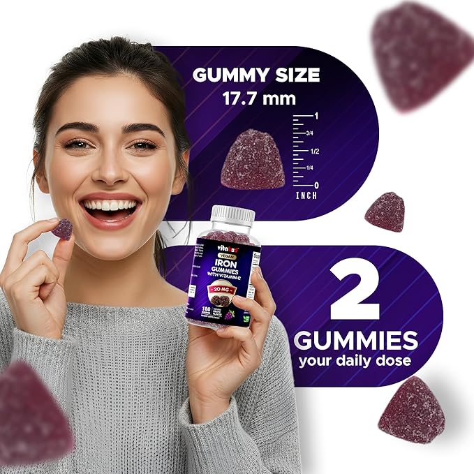 Vitabod Iron Gummies Supplement for Women, Men & Kids - 20mg - with Vitamin C - Dietary Supplement for Red Blood Cell Support, 180 Pectin Based Gummies