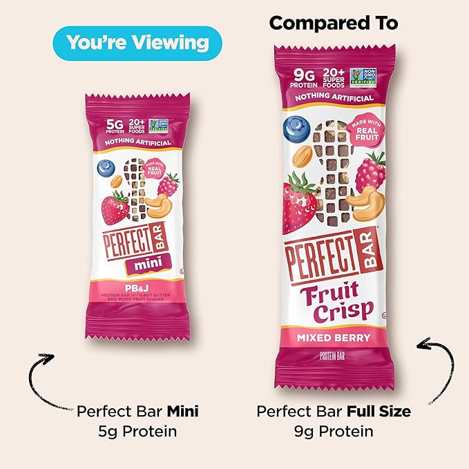 Perfect Bar Mini, PB&J Protein Bar, Protein Snack, Snack Bar, Gluten Free, Soy Free, Non GMO, No Sugar Alcohols, 1.5 Ounce Bar, 18 Count