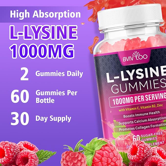 L-Lysine 1000mg Gummies for Immune Support & Skin Health - High Potency Vegan, Sugar-Free, Gluten-Free Supplement with Natural Raspberry Flavor for Adults & Kids - 120 Gummies