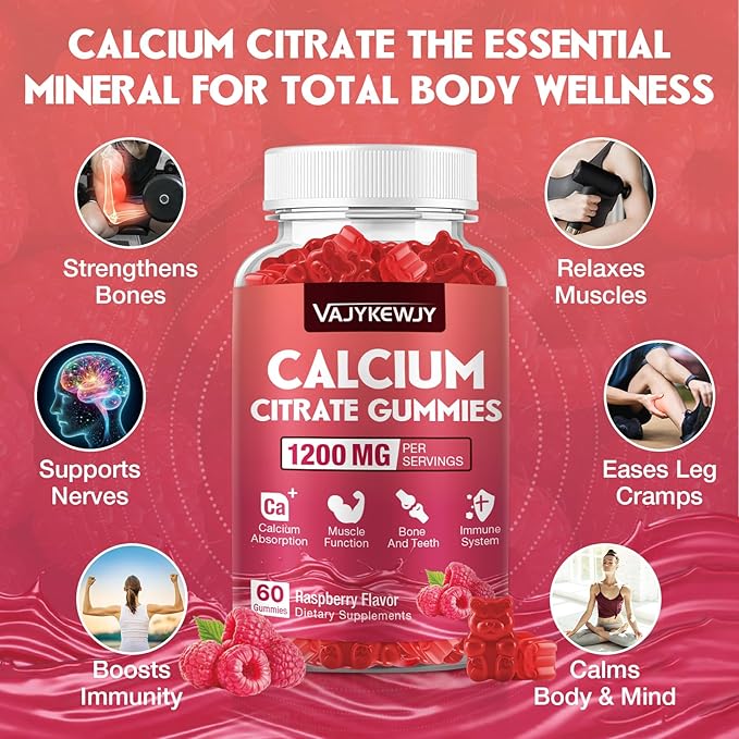 Calcium Citrate Gummies 1200mg for Adults & Kids - Bone & Teeth Support, Easy Absorption, Delicious Raspberry Flavor - Non-GMO, Gluten Free, Vegan - 120 Count