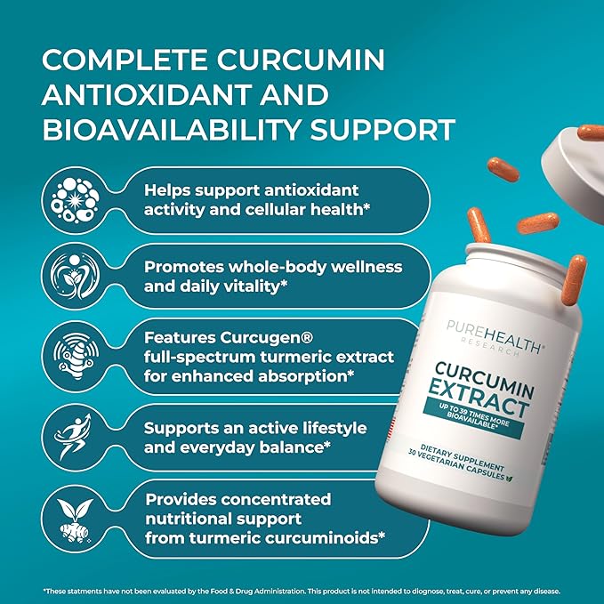 PUREHEALTH RESEARCH Curcumin Extract - High Absorption Turmeric Supplement for Immune, Joint & Muscle Support - for Heart & Brain Health - Powered by Curcugen x39 Bioavailable - 30 Capsules
