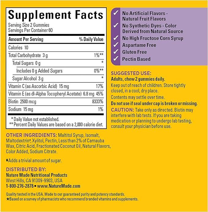 Nature Made Zero Sugar Hair Skin Nails Gummies, Biotin 2500 mcg per Serving, 120 Sugar Free Gummies, 60 Day Supply