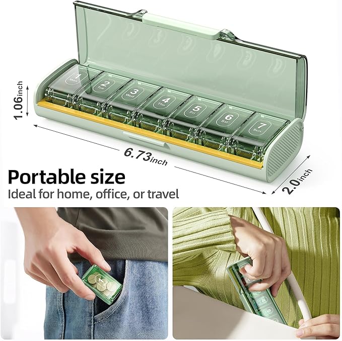 Weekly Pill Organizer,Portable 7 Day Pill Box,Moisture Proof Medicine Pill Organizer,Travel Pill Case with BPA-Free Material,Pocket-Size for Supplements & Vitamins (Green)