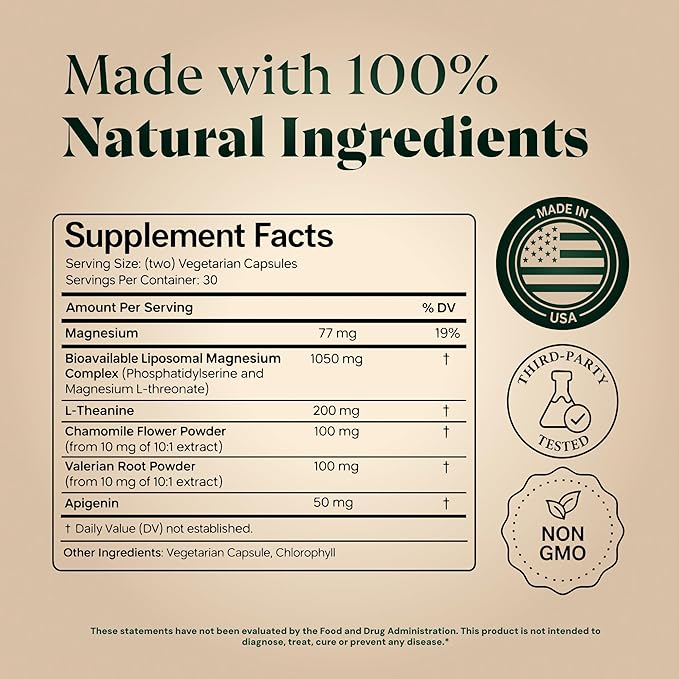 Magnesium L-Threonate with Apigenin, Valerian Root & L-Theanine – No Melatonin Restful Sleep & Brain Supplement – Clinically Studied 7-Ingredient Formula – Memory & Focus – 60 Capsules