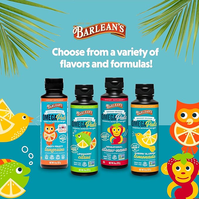 Barlean's Omega Pals Chirpin' Slurpin' Lemonade Flavored Omega-3 for Kids, Yummy Children's Liquid Fish Oil Supplement with 540 mg of EPA and DHA Fatty Acid for Brain & Eye Health, 8 oz, 2 Pack