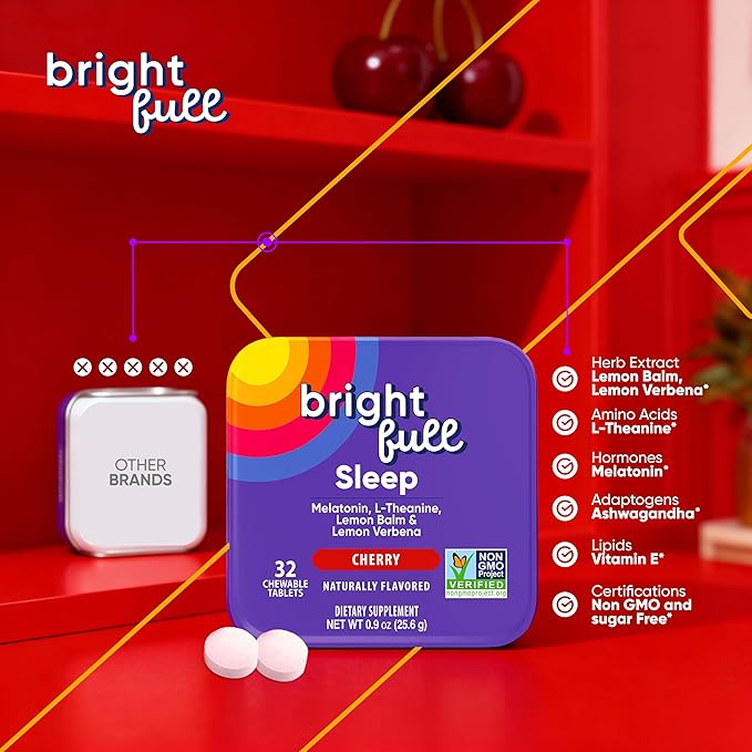 Supplement Natural Sleep Aid with Melatonin, Ashwagandha, Lemon Balm & L-Theanine – Drug-Free Sleep Support – Restful Sleep, Back to Sleep – Cherry Flavor – 32 Chewable Tablets