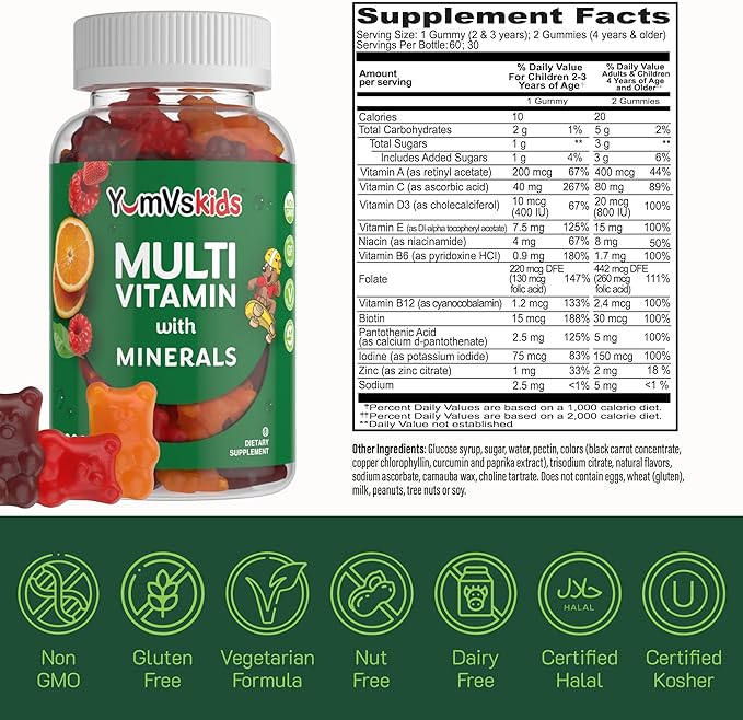 YumVs Kids Multivitamin Gummies - Fruit Flavored Chewable Children's Multivitamin - Kids Vitamins Multivitamin Gummy with 12 Minerals & Vitamins A C D3 E B6 B12 (120 Count (Pack of 1))