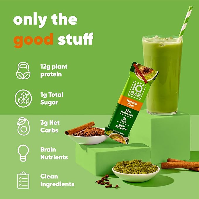 IQBAR Clean Plant Protein Bars - Matcha Chai - 24 Count - Keto, Vegan, High Fiber, Gluten and Dairy Free, Low Sugar Snack - Brain and Body Nutrients for Focus, Energy, Meal Replacement