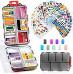 14 Grids Travel Pill Organizer Box with 415-Pcs Medicine Name Labels - Pocket Daily Pharmacy Case Container Kit - Travel Medication Holder Dispenser for Fish Oil Vitamin Supplement Storage -Clear Grey
