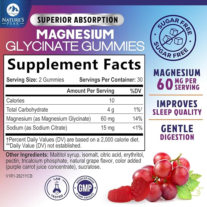 Magnesium Glycinate Gummies - Sugar Free - 100% Chelated Magnesium Gummy Supplement for Max Absorption - for Sleep Support & Heart, Muscle & Bone Health - Gentle on Stomach, Grape Flavor - 60 Gummies