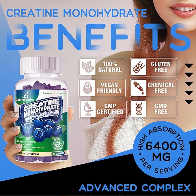 Creatine Monohydrate Gummies Complex for Men & Women -Advanced Formula W/L-Taurine + Vitamin B12, Sugar Free Chewable Supplement,180 Blueberry Gummies 2pack