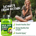 NATURELO Hair, Skin and Nails Vitamins - 5000 mcg Biotin, Collagen, Natural Vitamin E - Supplement for Healthy Skin, Hair Growth for Women and Men – 60 Capsules
