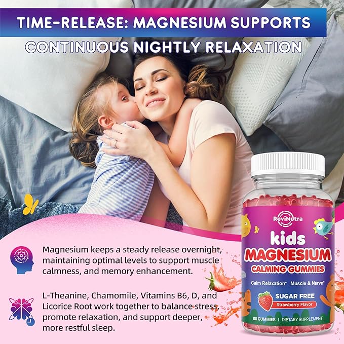 2 Pack Magnesium Gummies for Kids - Magnesium Glycinate Gummies with L-Theanine, Chamomile, Licorice, Vitamin B6, D for Kids & Adults Sleep, Muscle Relief & Nerve Bone - Strawberry 120ct