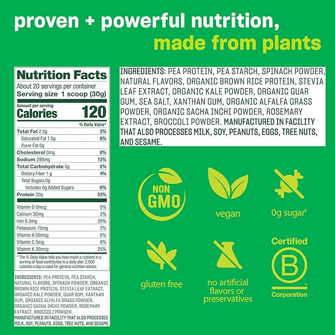Vega Protein and Greens Protein Powder, Vanilla - 20g Plant Based Protein Plus Veggies, Vegan, Non GMO, Pea Protein for Women and Men, 21.7 Ounce (Packaging May Vary) (Pack of 1)