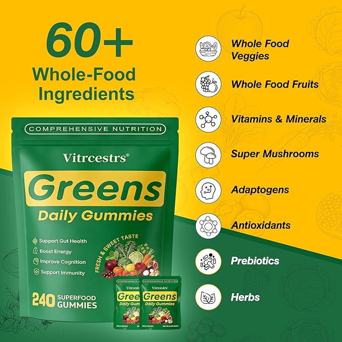 Greens Daily Gummies, Super Greens Gummies for Adults Superfood Multivitamin Gummy with Spirulina, Chlorella, Prebiotic Fiber, Fruit Veggie for Digestive & Gut Health, Adaptogens Supplement, 240 Count