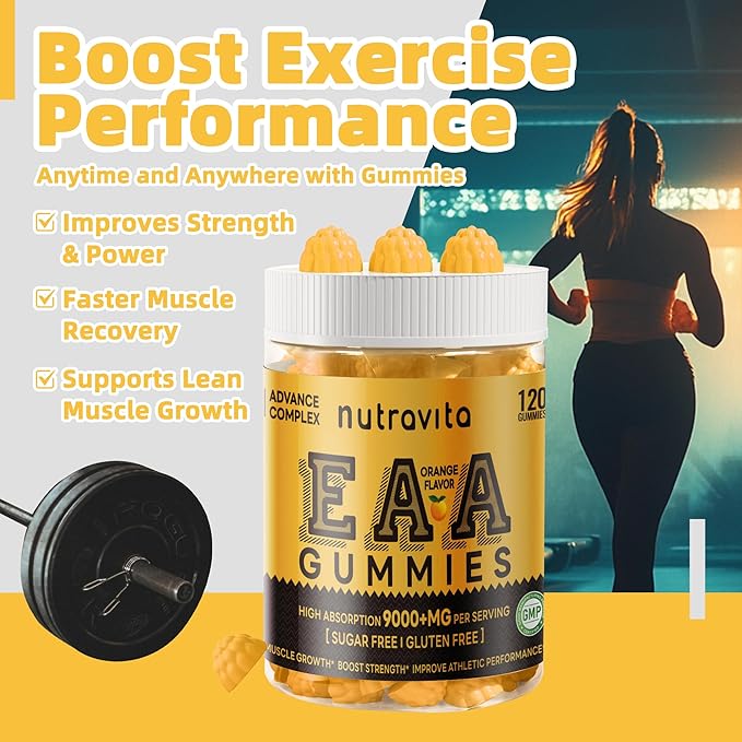 Nutravita EAA Gummies 120 Gummies (Orange), Essential Amino Acids - All 9 Essential Aminos (EAA) and All Branched-Chain Aminos (BCAAs), Non-GMO, Gluten Free, Vegetarian Friendly