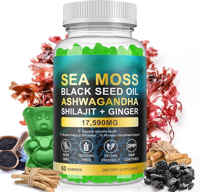 Sea Moss Gummies, SeaMoss Gummy with Black Seed Oil,Ashwagandha,Natural Ingredients Shilajit & Ginger for Men & Women, 17,590mg-60 Gummies