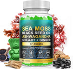 Sea Moss Gummies, SeaMoss Gummy with Black Seed Oil,Ashwagandha,Natural Ingredients Shilajit & Ginger for Men & Women, 17,590mg-60 Gummies