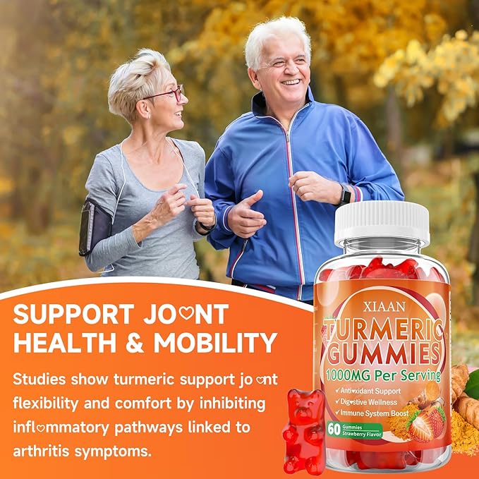 Turmeric Gummies 1000mg, Organic Turmeric Curcumin Supplement with Black Pepper for Immune & Muscle Support, Sugar-Free/Vegan/Gluten-Free, Strawberry Flavor 120 Count