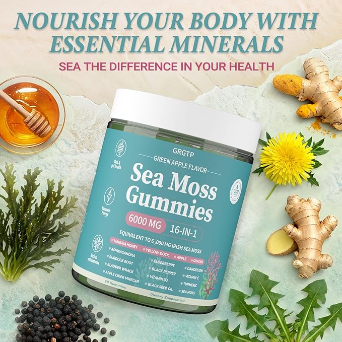 Sea Moss Gummies 16-in-1 - Ashwagandha Black Seed Oil Bladder Wrack Turmeric Vitamin C & D3 with Manuka Burdock Root Dandelion Yellow Dock Natural Detox & Liver Health Immune Support, Energy Boost