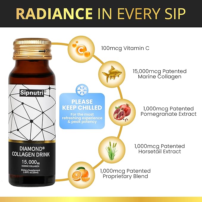 Diamond Marine Collagen Drink, Gift for Mom, 15000mg Hydrolyzed Collagen Peptides with Vitamin C, Pomegranate, Healthy Hair Skin Nails Joints Bones Support, 50 ml x 10 Bottles