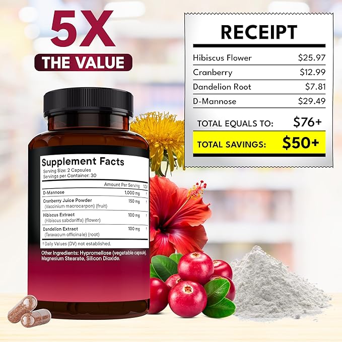 NEW AGE D-Mannose with Cranberry & Hibiscus - High Strength for Urinary Tract Health - Supplement for Women - Bladder, Liver & Microflora Support - Made in USA - Vegan, 60 Capsules
