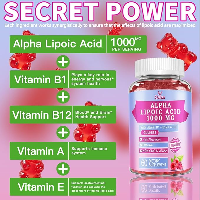 (2 Packs) Alpha Lipoic Acid Gummies 1000Mg with Vitamin B1, B12, A, E - High Absorption Sugar Free Chewable ALA Supplement for Energy Support,Raspberry Flavor, 60 Gummies