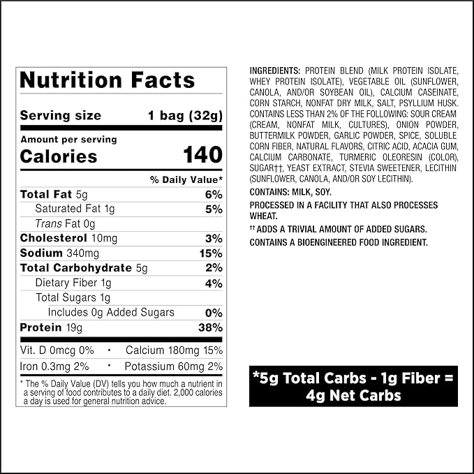 Quest Nutrition Sour Cream & Onion Protein Chips, 19g Protein, 4g Net Carbs, Low Carb, Gluten Free, 1.1 oz, 4 count