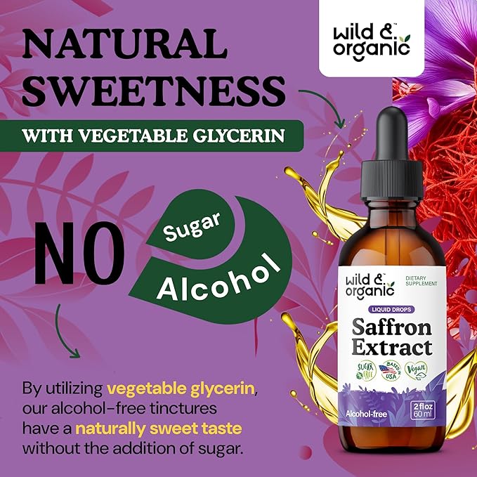 Wild & Organic Saffron Supplements 88.5 mg - Saffron Drops for Mood, Brain, Vision Support - Crocus Sativus Liquid Extract - Vegan, Sugar & Alcohol-Free Tincture - 2 fl oz