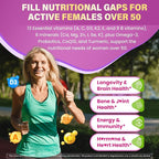 Multivitamin for Women 50 Plus Gummies, Vegan Omega 3, Methylfolate, Calcium, D3 K2, CoQ10, Daily Vitamin A C E, Methylated B12, Biotin, B Complex, Zinc - Bone, Energy, Longevity - Sugar Free, 60Count